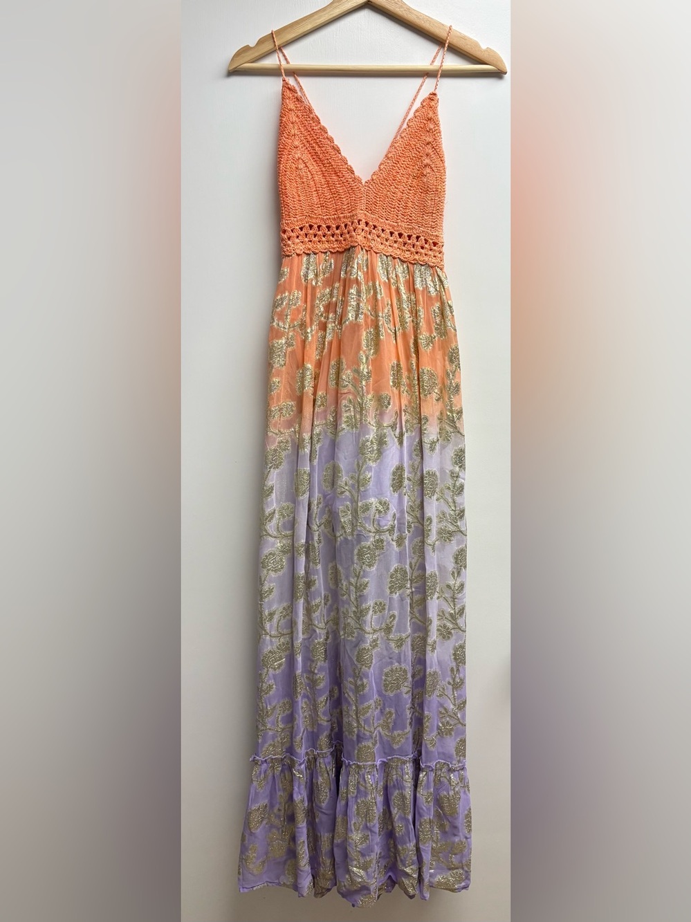 Miss June Paris Metallic Gold Floral Ombre Crochet Halter Maxi Dress